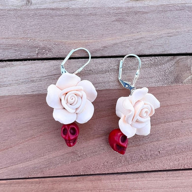 Handmade Polymer Clay Ivory Rose and red Skulls Earrings