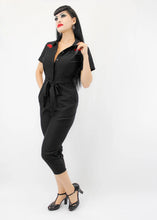 Load image into Gallery viewer, Capri Pin Up Red Rose Jumpsuit, One Piece Black Play Suit