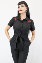 Load image into Gallery viewer, Capri Pin Up Red Rose Jumpsuit, One Piece Black Play Suit