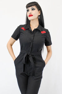 Capri Pin Up Red Rose Jumpsuit, One Piece Black Play Suit