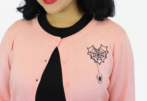 Long Sleeve Pink Embroidered Spiderweb Cardigan Sweater