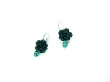 Load image into Gallery viewer, Handmade Polymer Clay Black Flowers and Blue Skulls Earrings