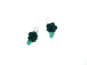 Handmade Polymer Clay Black Flowers and Blue Skulls Earrings