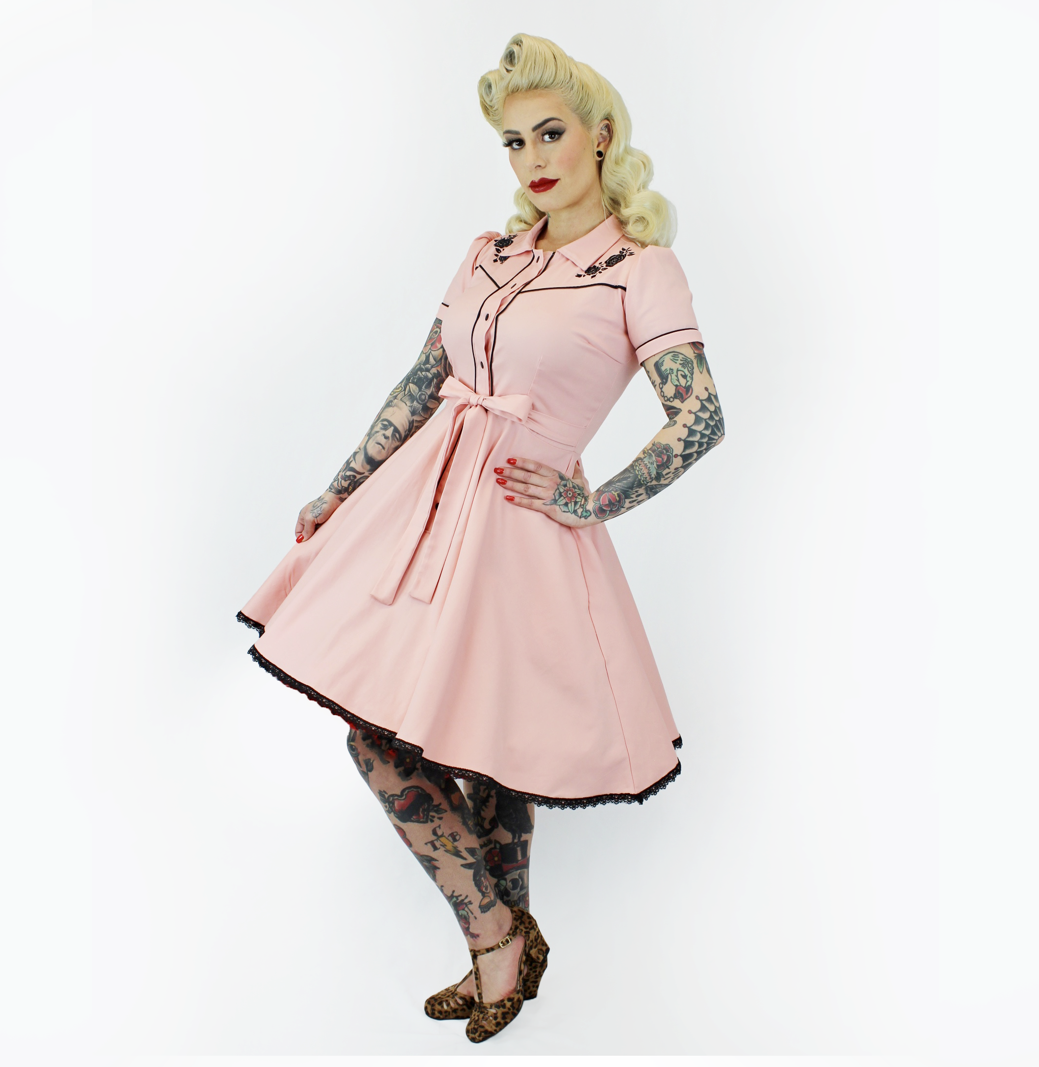 Pink Black Rose Vintage Rockabilly Western Country Women Dress