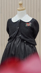 mom cardigan styled with black dress white collar on mannequin