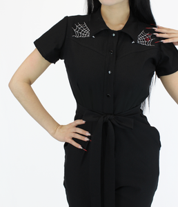 Stretchy Capri Pin Up Spiderwebs Jumpsuit, Halloween Betty Goth One Piece Black Play Suit XS-3XL