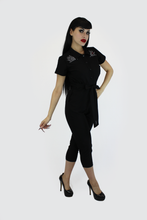 Load image into Gallery viewer, Stretchy Capri Pin Up Spiderwebs Jumpsuit, Halloween Betty Goth One Piece Black Play Suit XS-3XL