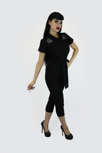 Stretchy Capri Pin Up Spiderwebs Jumpsuit, Halloween Betty Goth One Piece Black Play Suit XS-3XL