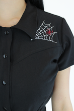 Load image into Gallery viewer, Stretchy Capri Pin Up Spiderwebs Jumpsuit, Halloween Betty Goth One Piece Black Play Suit XS-3XL