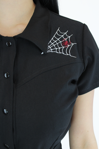 Stretchy Capri Pin Up Spiderwebs Jumpsuit, Halloween Betty Goth One Piece Black Play Suit XS-3XL