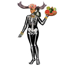 Load image into Gallery viewer, Frida&#39;s Frocks and Smocks Magnetic Dress up. Frida wearing a skeleton costume, holding a fruit basket, and wearing a flower crown.