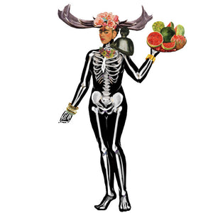 Frida's Frocks and Smocks Magnetic Dress up. Frida wearing a skeleton costume, holding a fruit basket, and wearing a flower crown.