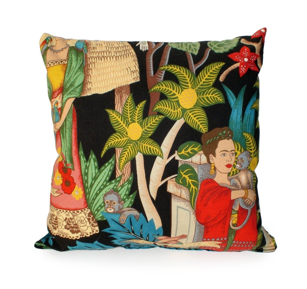 Frida In the Jungle Black Throw Pillow, front