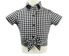 Load image into Gallery viewer, Girl&#39;s Black and White Gingham Knot Top, front