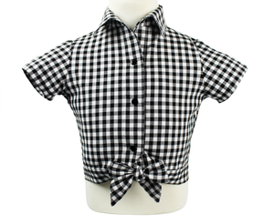 Girl's Black and White Gingham Knot Top, front