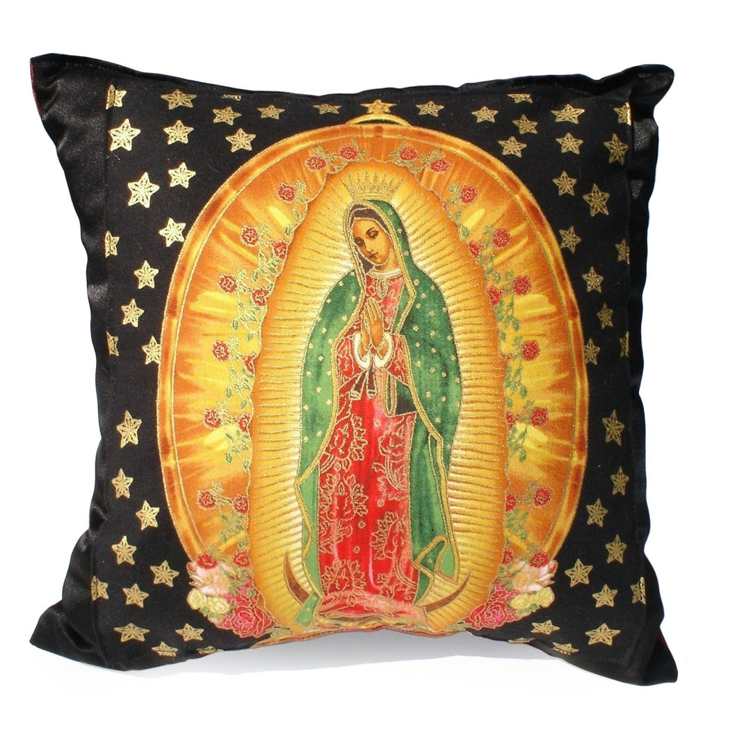 Mexican Virgin Mary Guadalupe Black and Gold Stars Throw Pillow, front