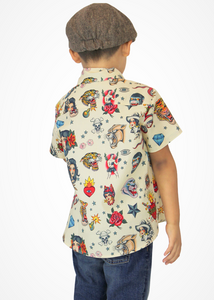 Boy's Rockabilly Feather and Fire Tattoo Top - Beige