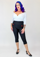 Load image into Gallery viewer, Black Pin Up High Waist Capri Pants - Embroidered Cherries