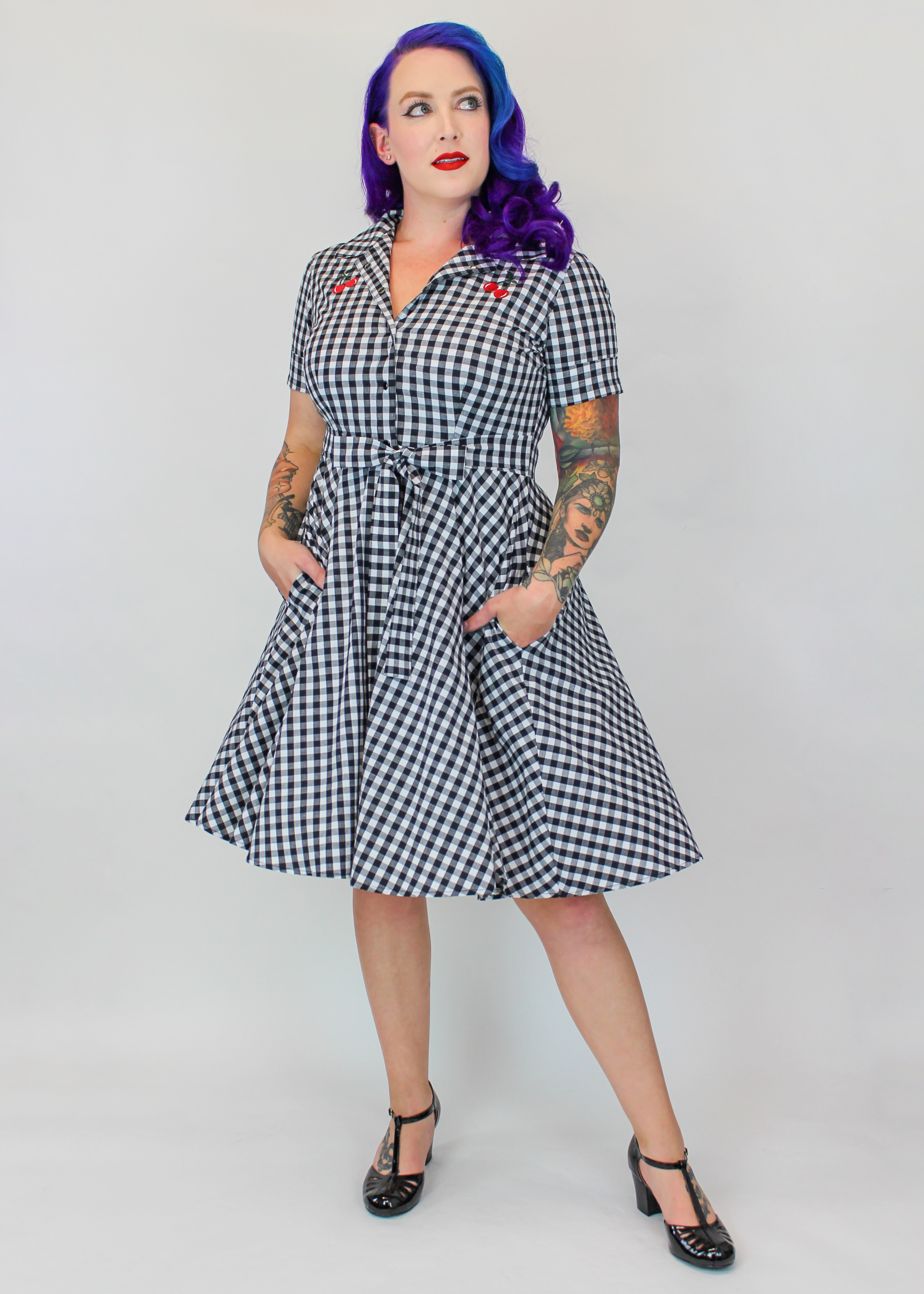 Cherries Black and White Gingham Circle Dress