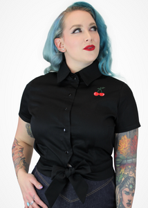 Cherry Crop Top - Black Knot Top With Embroidered Cherries