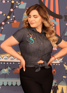 Denim Knot Top With Embroidered Mermaid