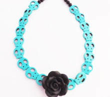 Load image into Gallery viewer, Day of the Dead Fimo Black Rose and Howlite Skulls Necklace / Turquoise skulls and Handmade Rose Dia de Los Muertos Necklace