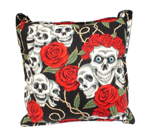 Skulls & Roses Tattoo Art Black Throw Pillow, front