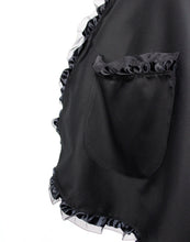 Load image into Gallery viewer, Close up of apron, black apron, large side pocket, trim detail 