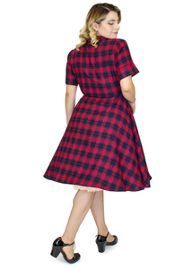 Red and Navy Plaid Dress With Belt